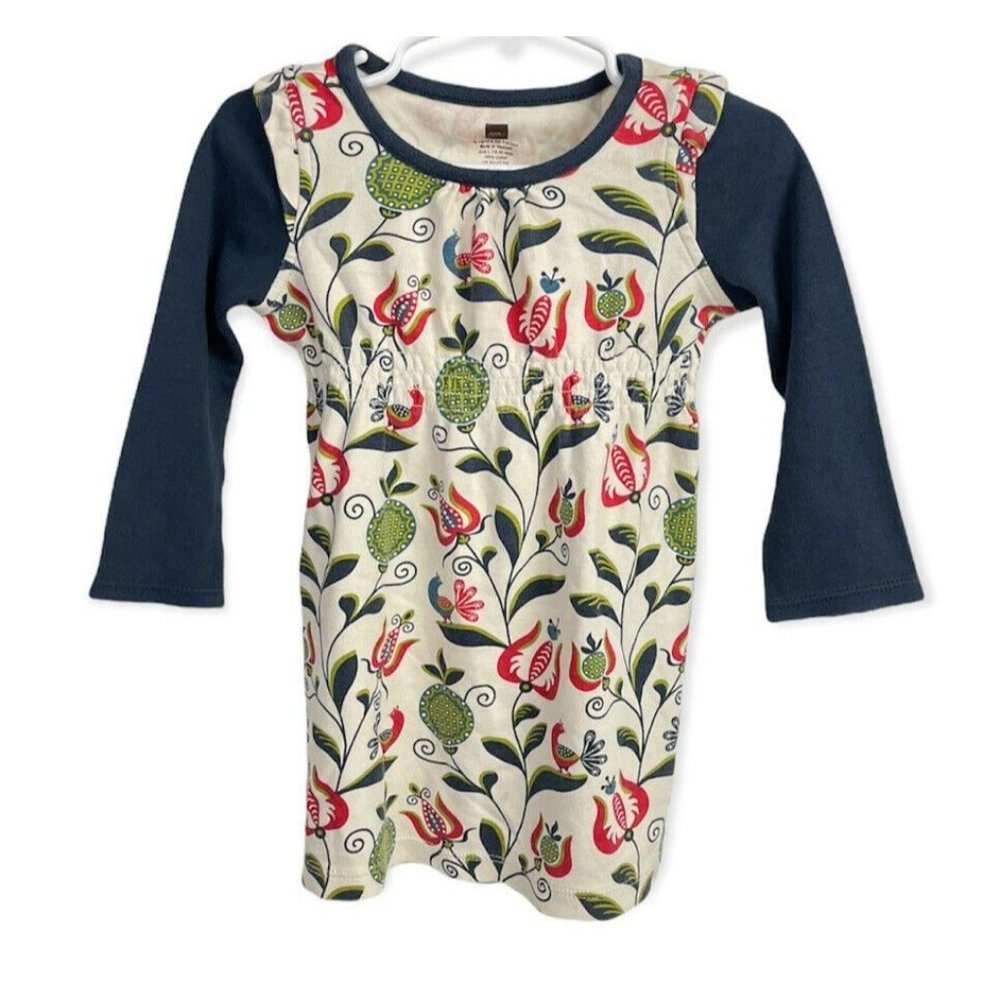 Tea Collection Girls Floral Faux Wrap Long Sleeve Dress Navy Bird L 18-24 18 24